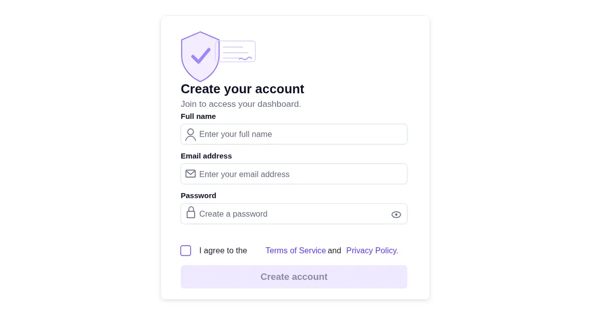 Account creation form with unchecked clickwrap consent checkbox below password field and disabled Create Account button
