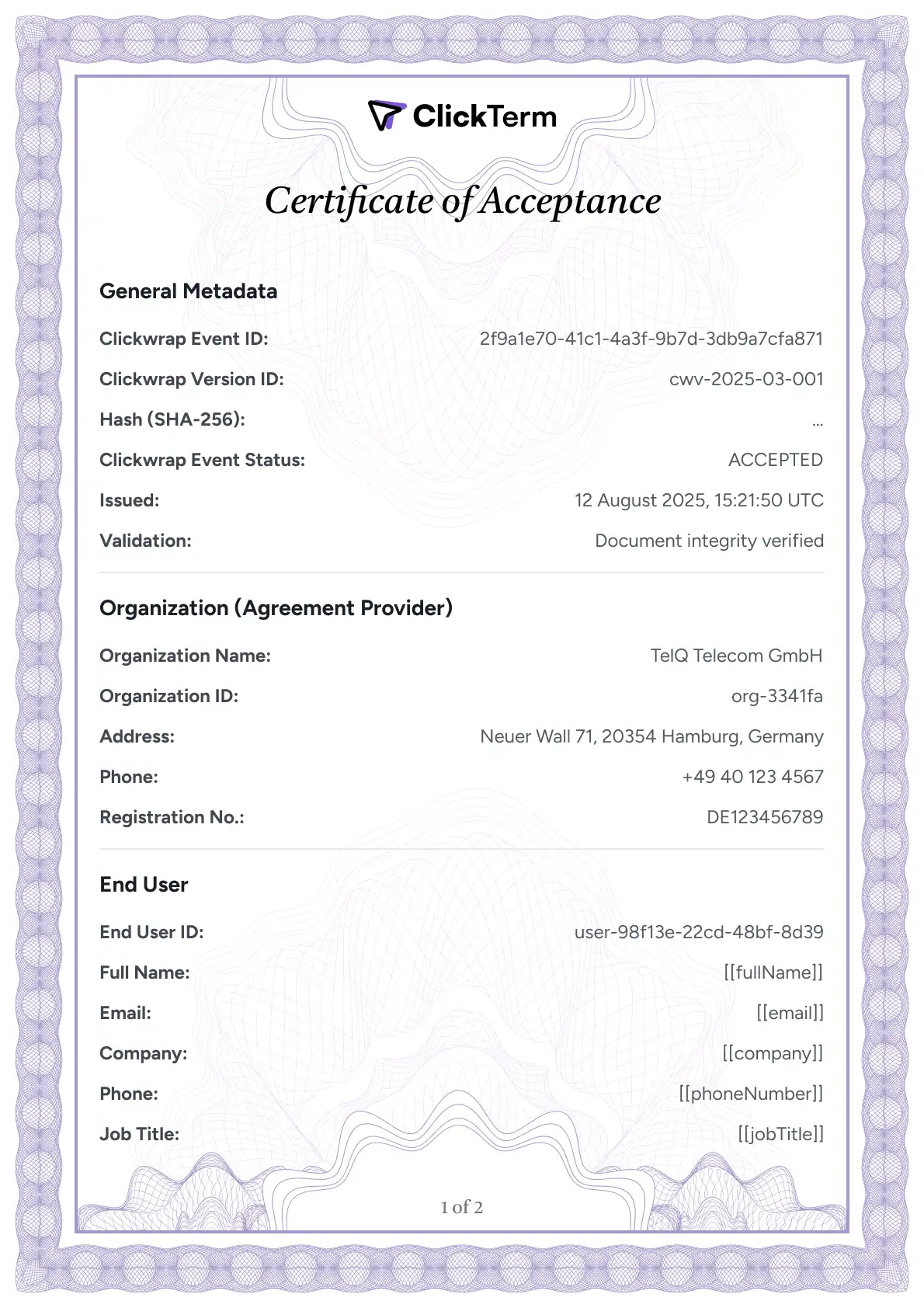 ClickTerm certificate of acceptance showing tamper-proof consent record