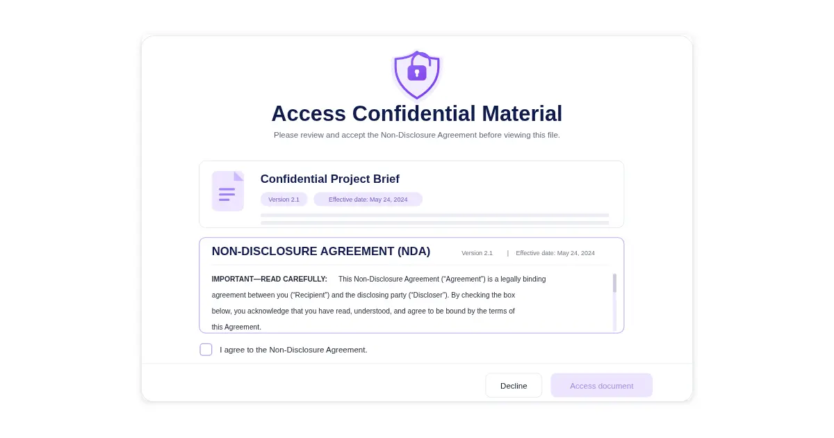 Clickwrap NDA acceptance window displaying scrollable non-disclosure agreement text above a confidentiality consent checkbox and Accept & Continue button