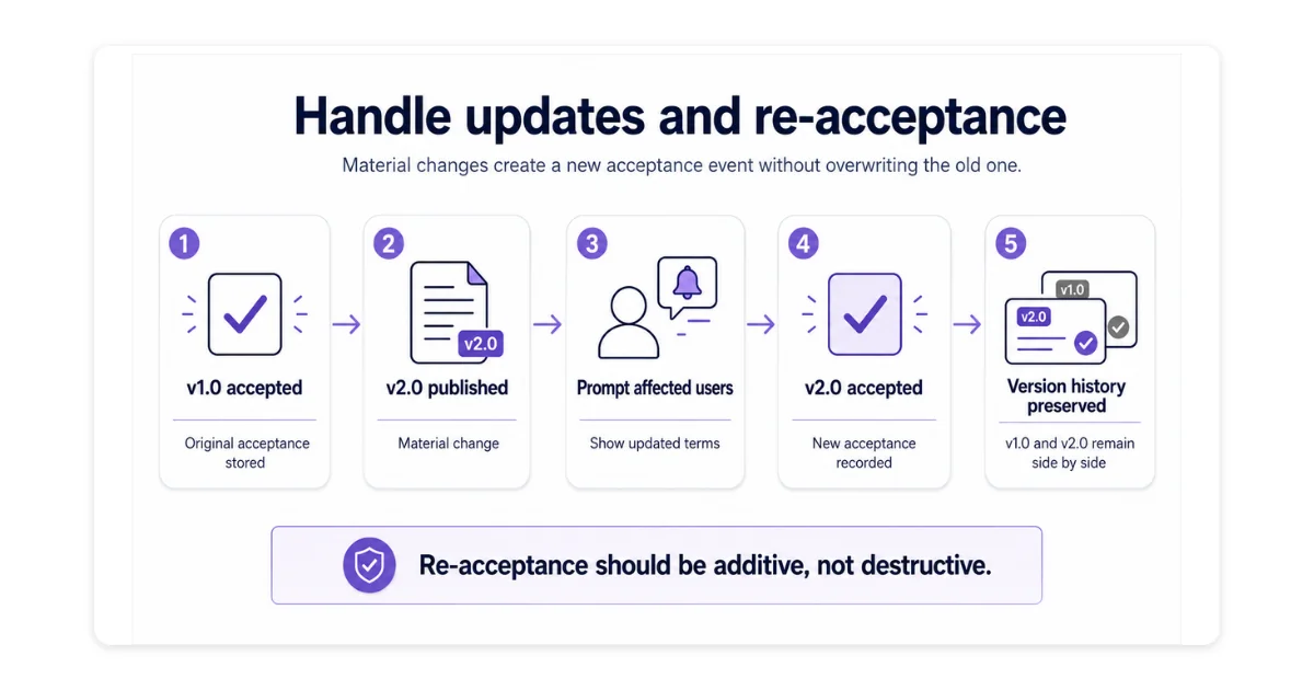 Re-acceptance flow for a material change: v1.0 acceptance stored, v2.0 published, affected users prompted, v2.0 acceptance recorded, and both versions preserved side by side so version history stays intact