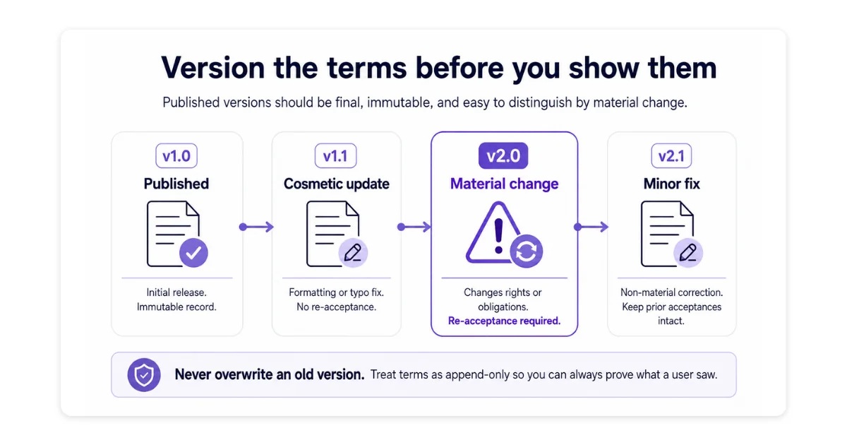 Version control for clickwrap terms: v1.0 published as an immutable record, a v1.1 cosmetic update with no re-acceptance, a v2.0 material change that requires re-acceptance, and a v2.1 minor fix, with prior versions kept append-only
