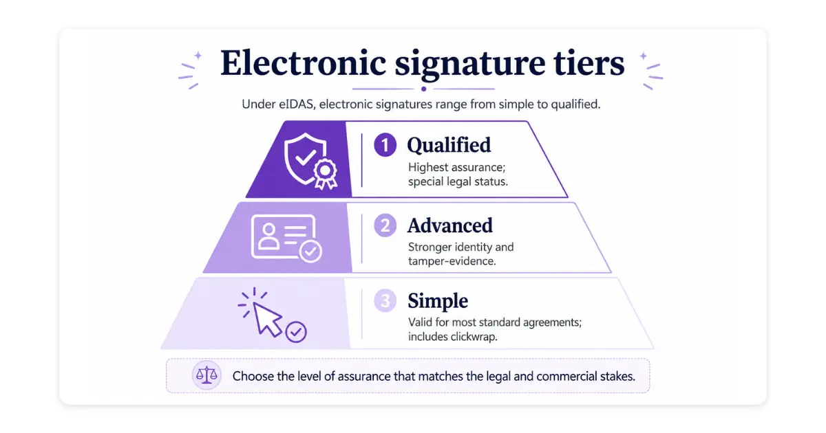 Pyramid of eIDAS electronic signature tiers: simple at the base, valid for most agreements and including clickwrap; advanced in the middle, adding stronger identity and tamper-evidence; qualified at the top, the highest assurance with special legal status