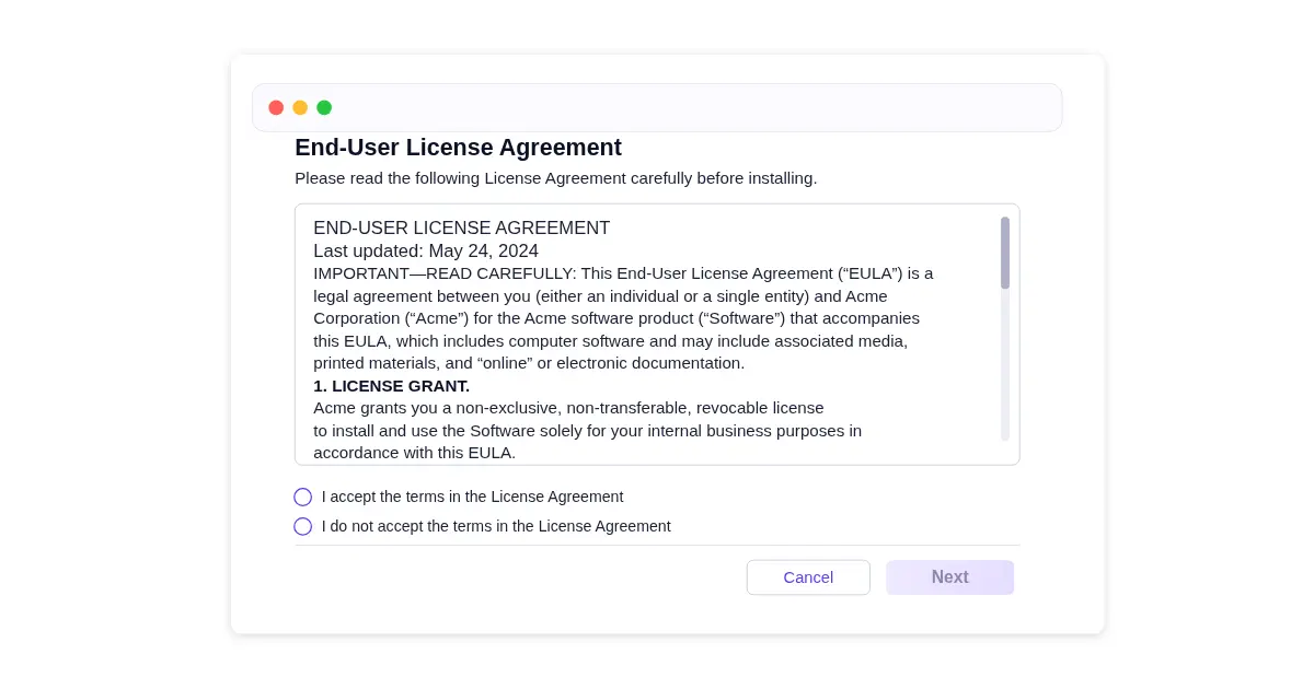 Software installer window displaying scrollable End-User License Agreement above two radio button options for accepting or declining the terms, with disabled Next button