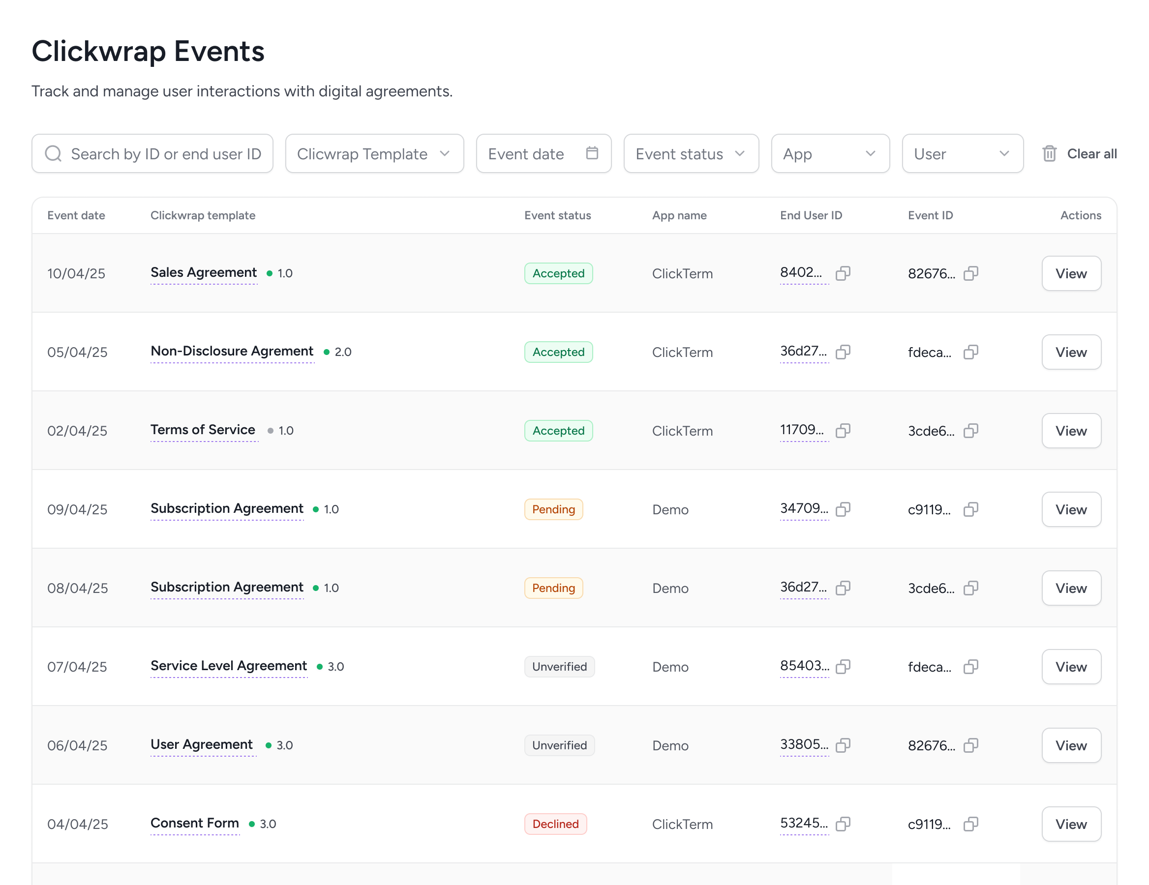 Clickterm Clickwrap Events dashboard with filters and event status tracking