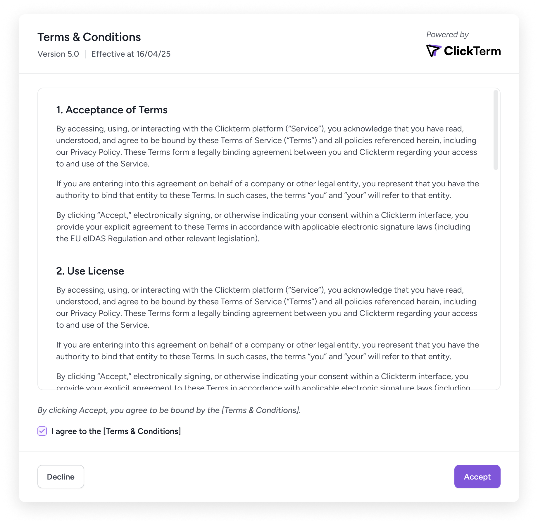 Clickterm Clickwrap Acceptance Modal showing Terms & Conditions with Accept and Decline buttons