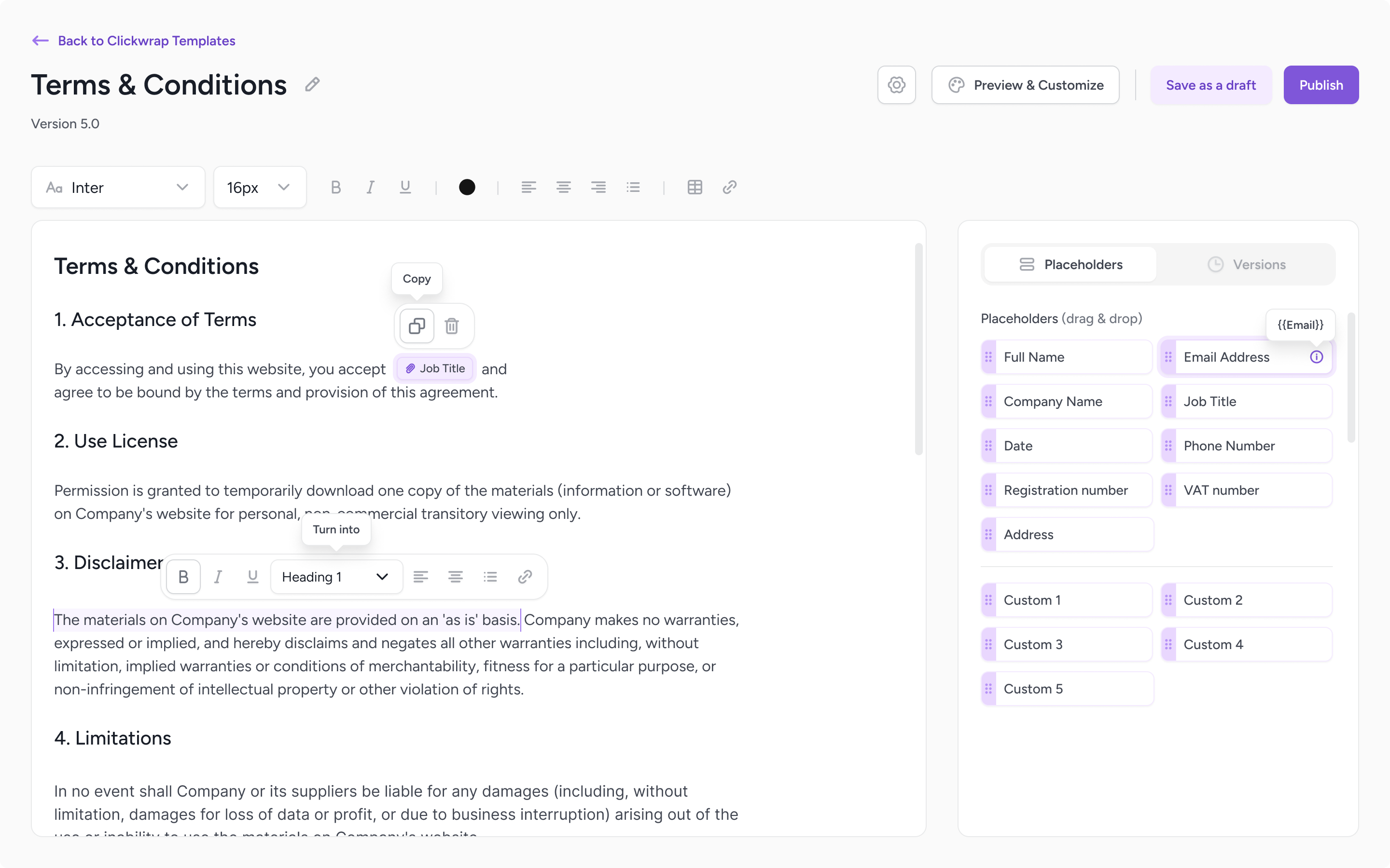 Clickterm Template Editor with rich text content and version history panel